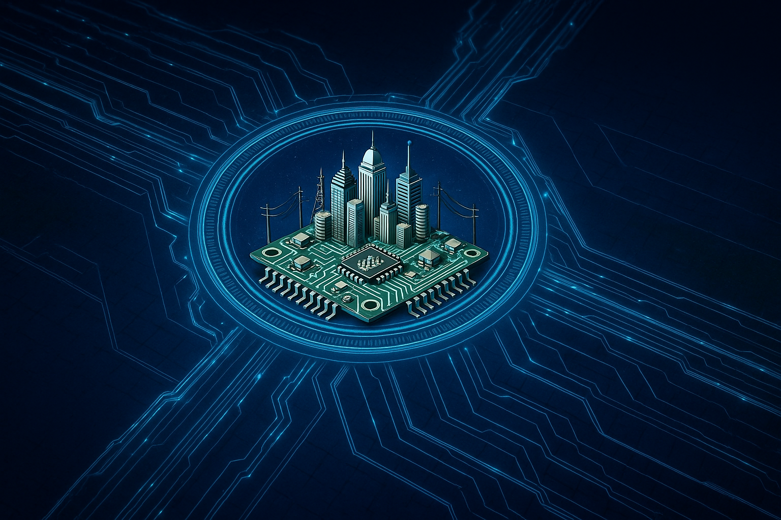 Futuristic circuit city illustration